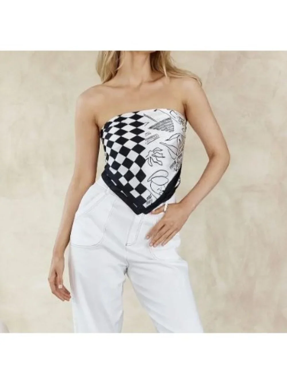 ⭐Luxury Silky Square Scarf Bandana Abstract Checkered BLACK WHITE Modern Art New
